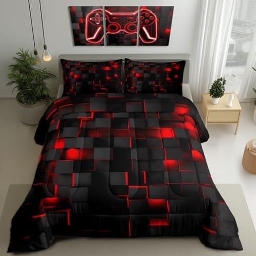 Feelyou Red and Black Bedding Set Full Size Light Geometric Comforter Set for Kids Boys Girls Decor Comforter Modern Duvet Set Feelyou