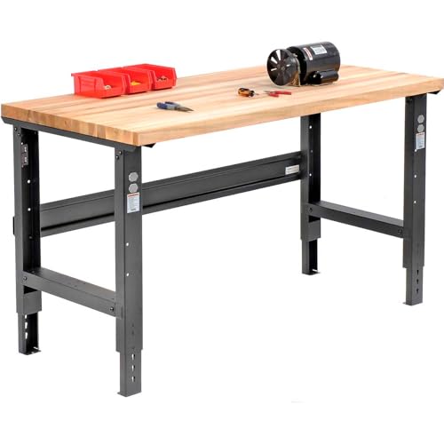 Global Industrial Adjustable Height Workbench C-Channel Leg, 2000 Lbs Capacity, 60" W x 36" D, 1-3/4" Maple Top Square Edge, Black Frame, Industrial Workbench Global Industrial