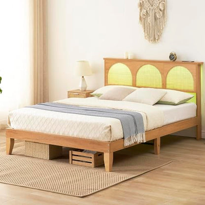 IDEALHOUSE Boho Queen Bed Frame with Natural Rattan Headboard and LED Lights - WoodArtSupply