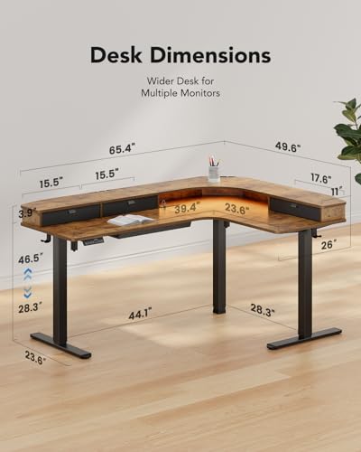 HUANUO 65″ L-Shaped Standing Desk with Power Outlets & LED Strip, Support C-Clamp Mount, Electric Height Adjustable Corner Computer Desk with 3 Drawers, Sit Stand Up Desk with Large Power Str - WoodArtSupply