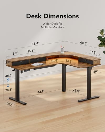 HUANUO 65″ L-Shaped Standing Desk with Power Outlets & LED Strip, Support C-Clamp Mount, Electric Height Adjustable Corner Computer Desk with 3 Drawers, Sit Stand Up Desk with Large Power Strip Holder HUANUO