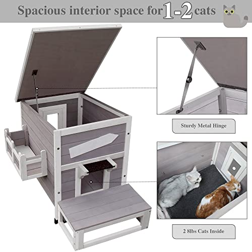 HiCaptain Outdoor Cat House, Weatherproof Feral Cat House with Escape Door, Outside Wooden Single Story Pet House for Cats, Puppies and Small Pet - Grey HiCaptain