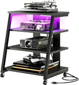 CHOEZON 4-Tier AV Media Stand with Wheels, Stereo Stands, Media Console Shelf with Power Strips, LED Lights, Wooden Audio Cabinet Rack Tower for Record Player/Apple TV/ps4, Black TCJ60UDBB CHOEZON