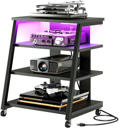 CHOEZON 4-Tier AV Media Stand with Wheels, Stereo Stands, Media Console Shelf with Power Strips, LED Lights, Wooden Audio Cabinet Rack Tower for Record Player/Apple TV/ps4, Black TCJ60UDBB CHOEZON