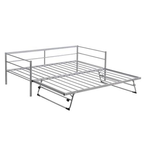 Nahenduo Twin Size Daybed with Pop up Trundle & Adjustable LED Lights, Futon Frame Bed, Metal Sofa Bed Frame for Living Room Bedroom Guest Room, Small Space, No Box Spring Needed (Sliver) Nahenduo