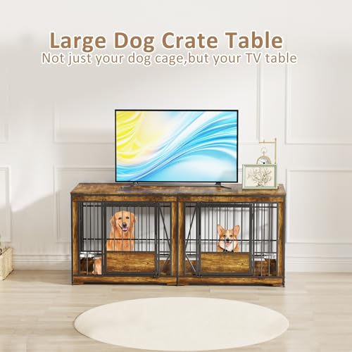 61'' Double Dog Cage Furniture for 2 Dogs, TV Stand Dog Kennel with Adjustable Divider, Heavy Duty Double Dog Crate Furniture Indoor with 4 Bowls, XL Dog Crate End Table for Medium Small Breed, Brown BEURUKU