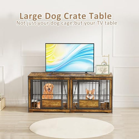 61'' Double Dog Cage Furniture for 2 Dogs, TV Stand Dog Kennel with Adjustable Divider, Heavy Duty Double Dog Crate Furniture Indoor with 4 Bowls, XL Dog Crate End Table for Medium Small Breed, Brown BEURUKU