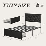 Fluest Twin Bed Frame with Storage Drawer, Upholstered Headboard Button Tufted Bed Frame with Charging Station, No Box Spring Needed, Noise-Free, All Metal Structure, Black Fluest