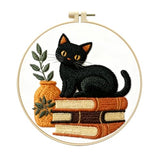 Zhenqing Black Cat Embroidery Kit for Beginners, Pre-Printed 29x29cm Cotton Fabric with 20cm Hoop, Cat on Books with Plant Design for Home Decor(C0075)