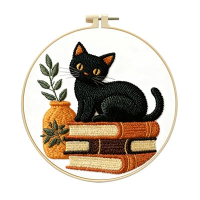 Zhenqing Black Cat Embroidery Kit for Beginners, Pre-Printed 29x29cm Cotton Fabric with 20cm Hoop, Cat on Books with Plant Design for Home Decor(C0075)