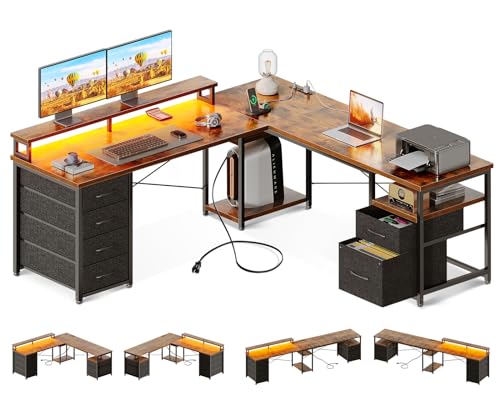 AODK 66" L Shaped Computer Desk, 113“ Reversible Home Office Desk with File Cabinet & 4 Fabric Drawers, Two Person Desk with LED Lights & Power Outlet, Corner Gaming Desk with Monitor Shelf, Vintage