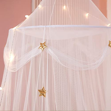 Nattey Bed Canopy with Lights for Girls,Gold Star Princess Crib Canopy Curtains,Extra Large Dome Mosquito Net Reading Nook Canopy for Kids Boys Twin Full Queen Size Bed,Fire Retardant Fabric Nattey