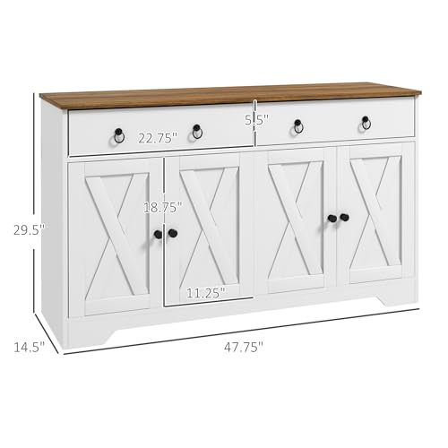 HOMCOM 48" Sideboard Buffet with Storage, Kitchen Storage Cabinet with 2 Drawers and 4 Barn Doors, Farmhouse Coffee Bar Cabinet with Adjustable Shelves, White HOMCOM