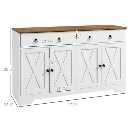 HOMCOM 48" Sideboard Buffet with Storage, Kitchen Storage Cabinet with 2 Drawers and 4 Barn Doors, Farmhouse Coffee Bar Cabinet with Adjustable Shelves, White HOMCOM