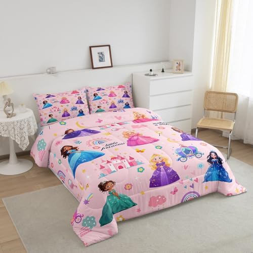 jejeloiu Kids Magical Princess Bedding Set Full Size Pink Castle Duvet Quilt for Boys Girls Teens Bedroom Decor Fairy Comforter Set Dreamy Breathable Soft Lightweight Microfiber 3Pcs jejeloiu