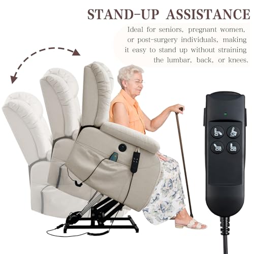 Infinite Position Lay Flat Lift Recliner Chair for Adults, Dual Motor Power Lift Chair for Elderly with Massage & Heating, USB Ports, Remote Control & Lumbar Pillow, Linen Fabric (Ivory)
