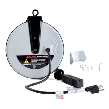 Aceland 25ft Retractable Extension Cord Reel with 3 Electrical Outlets, 16AWG/3C SJTW Power Cord for Indoor & Outdoor Use, UL Listed Aceland
