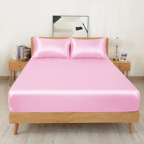 NSGZ 2 Pcs Satin Fitted Sheet and Pillowcase Set, Twin Silky Bottom Bedsheet Fit up to 15 Inch Deep Pocket Mattress, Pink Soft Satin Bedding Includes 1 Fitted Sheet and 1 Pillowcases NSGZ