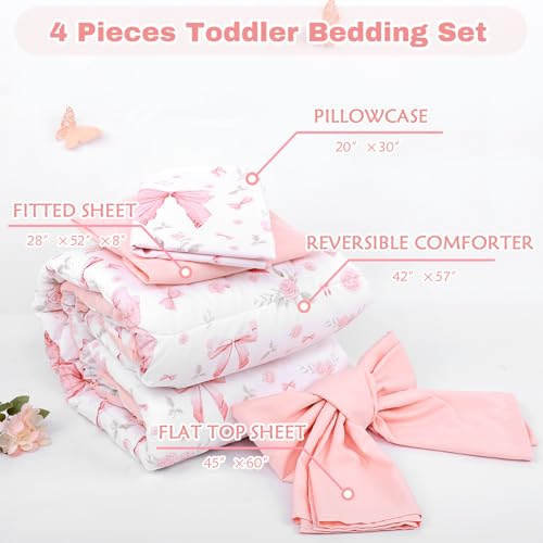 Jundetye Toddler Bedding Set for Girls 4 Pieces Pink Rose, Soft Breathable Toddler Comforter Set, Bow Flower Print, Includes Reversible Comforter, Fitted Sheet and Flat Sheet, Pillowcase Jundetye