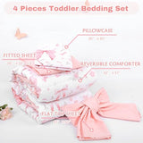 Jundetye Toddler Bedding Set for Girls 4 Pieces Pink Rose, Soft Breathable Toddler Comforter Set, Bow Flower Print, Includes Reversible Comforter, Fitted Sheet and Flat Sheet, Pillowcase Jundetye