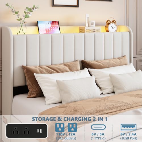 Full Bed Frame with 4 Drawers and Storage Headboard, Upholstered Platform Bed Frame Full Size with Led Lights and Handy Charging Station, No Box Spring Needed, Easy Assembly, Noise Free, Beige TIGUBFRE