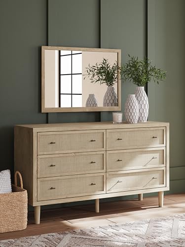 Signature Design by Ashley Cielden Coastal 6-Drawer Dresser, Bronze-Tone Knobs, Safety Stop, Textured Cane Details, 62.01" W x 19.65" D x 35.67" H, Light Brown Signature Design by Ashley