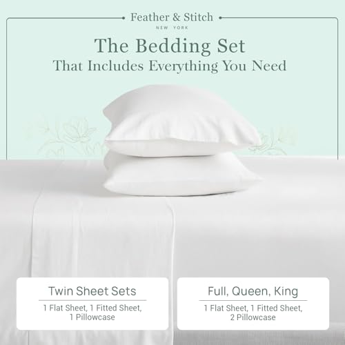 Feather & Stitch Softest 100% Cotton Sheets, 300 Thread Count Percale Weave Bedding, 16" Deep Pocket, Cooling Sheets, Breathable Bed Set, Hotel Premium Quality (Queen, White) FEATHER & STITCH NEW YORK