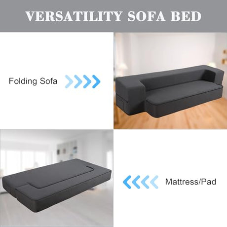 HonTop 10 Inch Modern Folding Sofa Bed Couch Memory Foam Couch Full Futon Sofa Sleeper Chair for Living Room Guest Mattress, Dark Grey HonTop