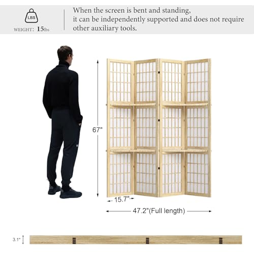 Room Divider with Shelves, 66.9-Inch Tall Japanese Shoji Style Wood Screen with Double Hinges for Home Office Bedroom Hotel Decoration (4 Panels, Natural) Svimi
