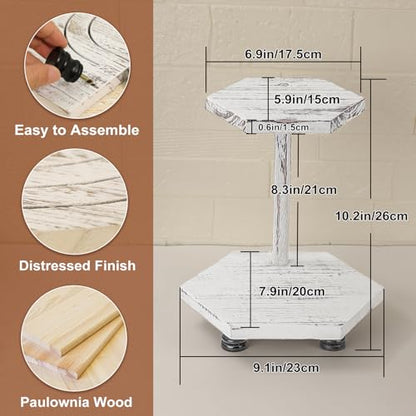 Tikea Hexagonal Wood Riser for Display, 2-Tier Wood Farmhouse Riser for Kitchen Bathroom Counter Decor, Decorative Tray for Soap Dispenser, Decorations and Plant (White) - WoodArtSupply