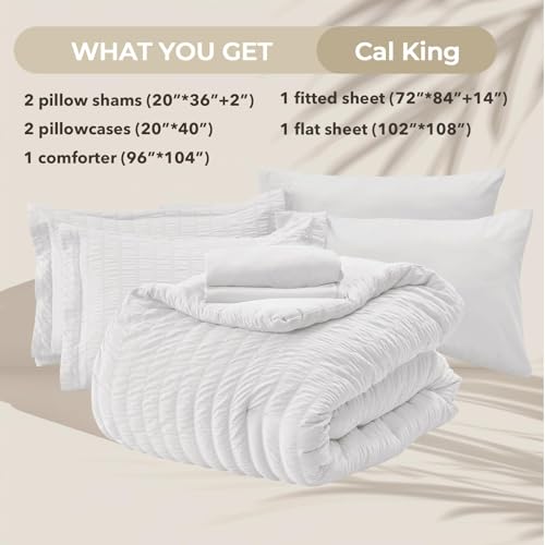 HYMOKEGE White California King Comforter Set Seersucker 7 Pieces, All Season Luxury Bed in a Bag for Bedroom, Bedding Set with Comforters, Sheets, Pillowcases & Shams HYMOKEGE