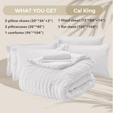 HYMOKEGE White California King Comforter Set Seersucker 7 Pieces, All Season Luxury Bed in a Bag for Bedroom, Bedding Set with Comforters, Sheets, Pillowcases & Shams HYMOKEGE