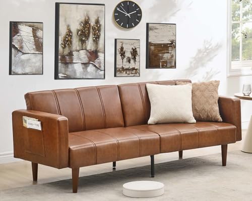 GarveeHome 75 in Futon Sofa Bed Mid-Century Futon Couch, PU Leathe Convertible Sleeper Couch with Adjustable Backrest, Loveseat and Side Pockets for Living Room & Bedroom (Brown) GarveeHome