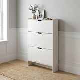 RIHHA 52" Tall Slim Shoe Cabinet, 3-Drawer Flip Down Hidden Shoe Storage with Top Fence & Open Bottom Shelf, Ultra-Thin Narrow Shoe Rack, White Wood Grain RIHHA