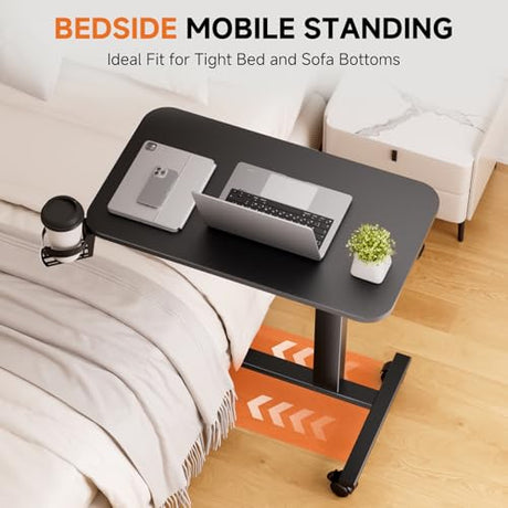COMHOMA Adjustable Overbed Bedside Table with Lockable Wheels, Pneumatic Mobile Standing Laptop Desk, Small Standing Desk Portable Rolling Overbed Table Hospital Home Use(28" W x 16" D, Black) COMHOMA