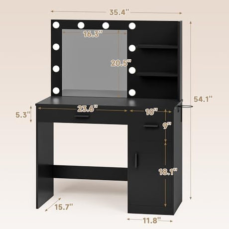JUMMICO 35.4" Vanity Desk with LED Mirror & Power Outlet, Makeup Vanity Table with 3 Open Storage Shelves, Drawers and Cabinet, 3 Model Adjustable Lights for Bedroom & Dressing Room (Black) JUMMICO