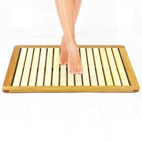 SereneLife Heavy Duty Natural or Shower Floor Foot Platform Rug with Elevated Design for Water Evaporation and Non Slip Rubber Feet for Indoor Outdoor Use Bamboo Wood Bathroom Bath Mat SereneLife