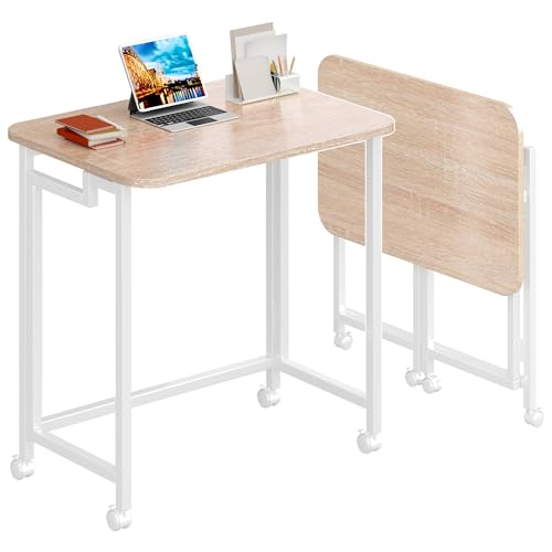 4NM 23.6" Mobile Small Rolling Computer Desk, Folding Laptop Cart Table with Wheels, Portable Office Desk for Small Space Couch Bed - Natural and White 4NM