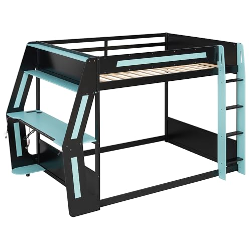 MERITLINE Full Size Gaming Bunk Bed with Side-Mounted RGB Desk and USB Charging Ports, Wooden Bunk Bed with LED Light Strip, Heavy Duty Loft Bed, Cloud Blue MERITLINE