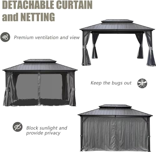 Domi 10’ X 12’ Hardtop Gazebo Canopy with Netting & Curtains, Outdoor Aluminum Gazebo with Galvanized Steel Double Roof for Patio Lawn and Garden, Gray domi outdoor living