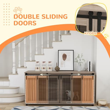 PawHut Dog Crate Furniture with Removable Divider for 2 Small Dogs or 1 Large Dog, 71" Modern Kennel Furniture End Table with Storage, Double Doors, Walnut PawHut