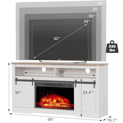 YESHOMY Fireplace TV Stand for Television up to 65+ Inch with Storage and Farmhouse Sliding Barn Doors, Entertainment Center with Cabinet and Shelves, Media Console for Living Room, White