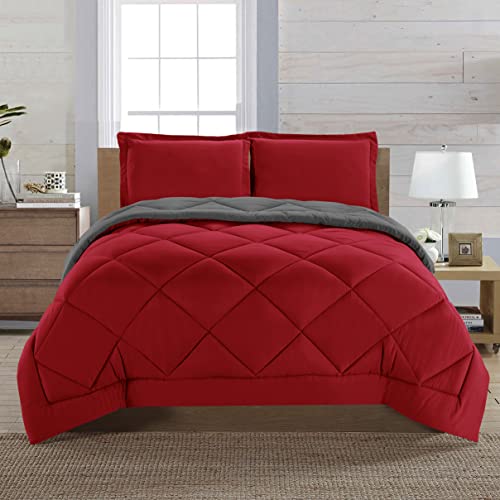 Elegant Comfort Reversible 3-Piece Comforter Set All Season, Ultra Soft, Down Alternative Comforter, Twin, Red/Gray Elegant Comfort