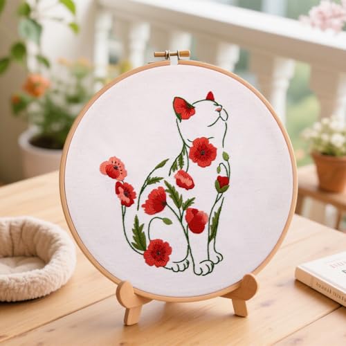 Crafmanoe Cat Embroidery Kits for Beginners Adults, Flowers Embroidery Starter Kits, Counted Cross Stitch Kits for Beginners Adults Hobbies Set for Women, Embroidery Hoops, Thread and Video Tutorial