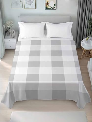 Cal King Size Flat Bed Sheet,Grey White Plaid Microfiber Brushed Single Flat Sheet Only,Modern Geometric Minimalist Grid Soft & Breathable Top Sheet Lightweight Quilt Hotel Luxury Bedding for Women ZOE GARDEN