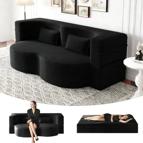 78" Full Size Convertible Futon Sofa Bed, Corduroy Folding Sleeper Sofa Bed with Pillow, Foam Mattress Futon Loveseat Couch, No Assembly Folding Boneless Couches for Living Room, Space‑Saving, Black extrasleep