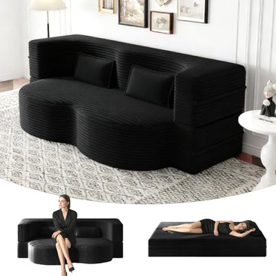 78" Full Size Convertible Futon Sofa Bed, Corduroy Folding Sleeper Sofa Bed with Pillow, Foam Mattress Futon Loveseat Couch, No Assembly Folding Boneless Couches for Living Room, Space‑Saving, Black