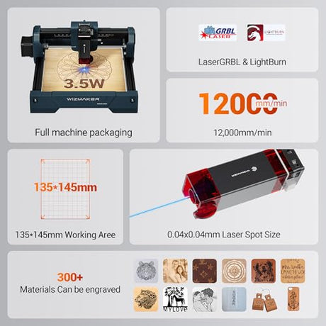 WIZMAKER 3.5W Laser Engraver, DIY Laser Engraver, Spot Size 0.04mm, Engraving Speed 12000 mm/min, Supports WiFi/Hotspot/USB, Suitable for Wood, Leather, Acrylic, and Glass Materials WIZMAKER