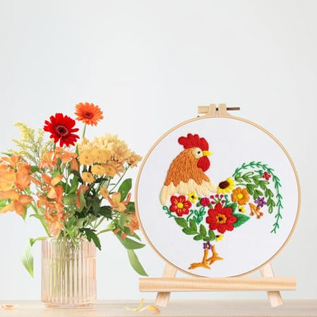 Louise Maelys Funny Animal Embroidery Kits for Beginners,Cross Stitch Kit for Adults,DIY Needlepoint with Rooster and Flower Pattern Louise Maelys