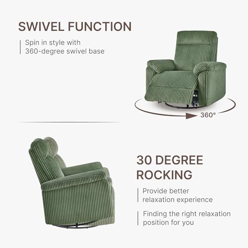 KISLOT Swivel Rocker Recliner for Adults, Corduroy 360 Degree Swivel Glider Recliner Manual 3-Position Adjustable Easy Assembly for Small Space Living Room Nursery Bedroom